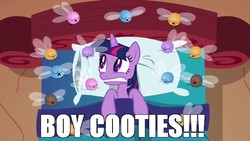 Size: 640x360 | Tagged: safe, edit, edited screencap, screencap, twilight sparkle, parasprite, g4, swarm of the century, bed, cooties, female, image macro, sleeping, solo