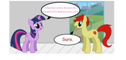 Size: 1600x766 | Tagged: safe, artist:fureox, twilight sparkle, oc, earth pony, pony, g4, comic, comic sans, dialogue, door, duo, filly gamez, indoors, mountain, sethisto, speech bubble, text, tour