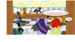 Size: 1600x908 | Tagged: safe, artist:dracoblair, artist:fureox, twilight sparkle, oc, earth pony, pony, g4, ..., bipedal, bottle, cafeteria, cake, clothes, coffee, comic, comic sans, counter, cup, dialogue, drink, fan, female, fez, filly gamez, foodfight, hat, indoors, male, mare, missing horn, plate, sethisto, speech bubble, stallion, table, tables, text, tongue out, vest