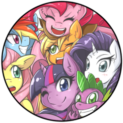 Size: 600x600 | Tagged: safe, artist:jinzhan, applejack, fluttershy, pinkie pie, rainbow dash, rarity, spike, twilight sparkle, g4, badge, blushing, button, happy, looking at you, mane seven, mane six, smiling