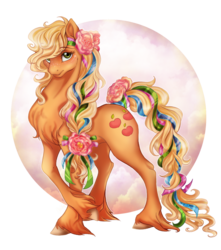 Size: 1053x1193 | Tagged: safe, artist:cigarscigarettes, applejack, earth pony, pony, g4, alternate hairstyle, blushing, crossed legs, female, flower, flower in hair, freckles, looking at you, mare, pretty, ribbon, shy, simple background, solo, tail wrap, transparent background, unshorn fetlocks