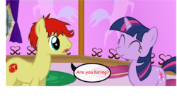 Size: 1600x935 | Tagged: safe, artist:dracoblair, artist:fureox, twilight sparkle, earth pony, pony, g4, comic, comic sans, dialogue, duo, filly gamez, happy, indoors, male, sethisto, speech bubble, stallion, text