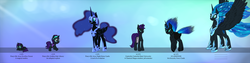 Size: 2362x594 | Tagged: safe, artist:sevireth, nightmare moon, oc, oc:nyx, alicorn, pony, fanfic:past sins, tumblr:nyx contacts, g4, age progression, alicorn oc, armor, chart, clothes, continuity, ethereal mane, glasses, hairband, headband, nightmare nyx, nyx contacts, progression, saddle bag, suit, timeline, tumblr, two sides, vest, wavy mane