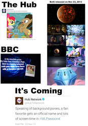Size: 1099x1583 | Tagged: safe, apple bloom, doctor whooves, time turner, g4, bbc, doctor who, hub logo, hub network, hubble, seems legit, text, the hub, theory, twitter