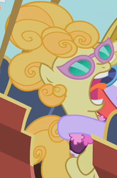 Size: 267x405 | Tagged: safe, screencap, lemon chiffon, maybelline, earth pony, pony, g4, the mysterious mare do well, background pony, female, glasses, mare, screaming, solo, tongue out, yelling