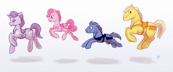 Size: 900x373 | Tagged: dead source, safe, artist:rollingrabbit, earth pony, pony, unicorn, carousel, disney, female, group, male, mare, mary poppins, ponified, quartet, saddle, simple background, stallion, tack, white background