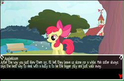 Size: 1026x679 | Tagged: safe, screencap, apple bloom, earth pony, pony, g4, a foal's errand, bench, female, filly, filly gamez, game, outdoors, solo, text, visual novel