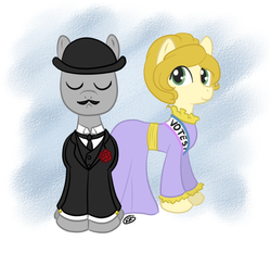 Size: 600x560 | Tagged: safe, artist:kennasaur, bowler hat, clothes, cravat, disney, dress, facial hair, frock coat, george banks, hat, mary poppins, moustache, pants, ponified, sash, shirt, waistcoat, winifred banks