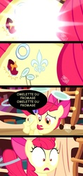 Size: 792x1673 | Tagged: safe, edit, edited screencap, screencap, apple bloom, earth pony, pony, g4, the cutie pox, comic, cutie mark, cutiespark, dexter's laboratory, french, hub logo, omelette du fromage, sacrebloom, scene parody, screencap comic