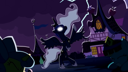 Size: 1280x720 | Tagged: safe, screencap, princess luna, pony, g4, luna eclipsed, my little pony: friendship is magic, backlighting, bipedal, dark, glowing eyes, lightning, night