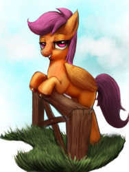 Size: 525x700 | Tagged: safe, artist:hagirok, scootaloo, pegasus, pony, g4, bipedal leaning, blank flank, cloud, female, fence, filly, foal, folded wings, grass, lidded eyes, looking at you, sky, solo, wings