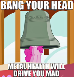 Size: 675x705 | Tagged: safe, edit, edited screencap, screencap, pinkie pie, castle mane-ia, g4, bang, bang your head, bell, caption, female, grin, headbang, heavy metal, image macro, meme, metal health, quiet riot, smiling, solo, song reference