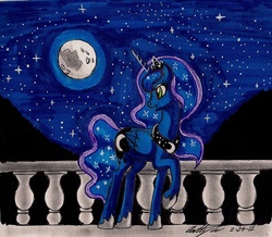 Size: 1249x1089 | Tagged: safe, artist:newyorkx3, princess luna, g4, balcony, female, moon, night, solo, stars, traditional art