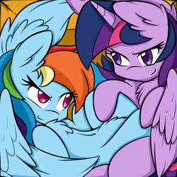 Size: 4000x4000 | Tagged: safe, artist:ambris, rainbow dash, twilight sparkle, alicorn, pegasus, pony, g4, absurd resolution, belly button, box, chest fluff, duo, duo female, female, horn, lesbian, mare, pubic fluff, ship:twidash, shipping, twilight sparkle (alicorn)