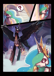 Size: 400x560 | Tagged: safe, artist:scarletdesires, nightmare moon, princess celestia, alicorn, pony, g4, comic, crown, female, gasp, glowing eyes, hoof shoes, jewelry, mare, open mouth, question mark, regalia, spread wings, transformation, wide eyes