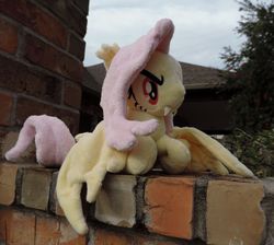 Size: 985x881 | Tagged: safe, artist:meggchan, fluttershy, bat pony, pony, bats!, g4, brick, bricks, fangs, flutterbat, irl, photo, plushie, race swap, solo, that was fast