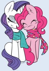 Size: 2169x3153 | Tagged: safe, artist:ambris, pinkie pie, rarity, g4, clothes, colored, cuddling, cute, diapinkes, female, lesbian, scarf, ship:raripie, shipping, snuggling
