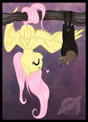 Size: 561x782 | Tagged: safe, artist:shorty-antics-27, fluttershy, bat, pony, g4, :>, behaving like a bat, blushing, cheek fluff, cute, ear fluff, eyes closed, female, fluffy, flying fox, hanging, happy, heart, hilarious in hindsight, looking at each other, mare, prehensile tail, question mark, shyabates, shyabetes, smiling, spread wings, tree branch, upside down, wing fluff