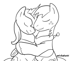 Size: 690x588 | Tagged: safe, artist:caluriri, big macintosh, princess luna, earth pony, pony, g4, hug, male, monochrome, s1 luna, ship:lunamac, shipping, stallion, straight