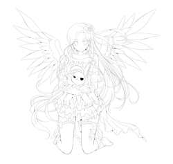 Size: 5600x5300 | Tagged: safe, artist:rurucreations, angel bunny, fluttershy, human, rabbit, g4, absurd resolution, animal, clothes, female, humanized, kneeling, lineart, monochrome, spread wings, winged humanization, wings