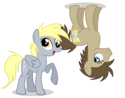 Size: 2000x1567 | Tagged: safe, artist:mirtash, derpy hooves, doctor whooves, time turner, earth pony, pegasus, pony, rcf community, g4, female, folded wings, male, mare, open mouth, raised hoof, simple background, smiling, stallion, standing, transparent background, upside down