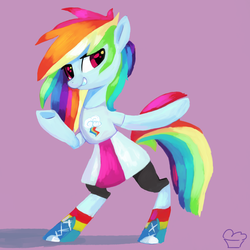 Size: 3000x3000 | Tagged: dead source, safe, artist:aaplepieeru, rainbow dash, pony, g4, abstract background, bipedal, clothes, equestria girls outfit, female, high res, looking at you, mare, rainbow socks, shoes, simple background, skirt, sneakers, socks, solo, striped socks, underhoof, wingless