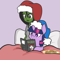 Size: 1000x1000 | Tagged: safe, artist:mt, twilight sparkle, oc, oc:anon, oc:femanon, human, g4, bed, book, christmas, cookie, food, reading