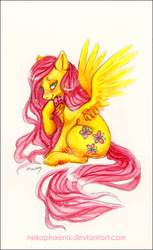 Size: 415x679 | Tagged: safe, artist:nekophoenix, fluttershy, pegasus, pony, g4, blushing, bowtie, cute, female, fluffy, hoof on chin, lidded eyes, long mane, looking at you, simple background, sitting, smiling, solo, spread wings, traditional art, unshorn fetlocks, watercolor painting, white background