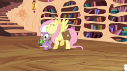 Size: 1050x590 | Tagged: safe, screencap, fluttershy, spike, g4, just for sidekicks, gem, nuzzling, rabbit tail