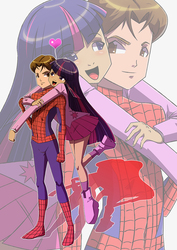 Size: 900x1273 | Tagged: safe, artist:ecchiman83, twilight sparkle, human, spiders and magic: rise of spider-mane, g4, crossover, crossover shipping, female, humanized, light skin, male, peter parker, shipping, spider-man, spidertwi, straight