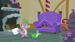 Size: 1050x590 | Tagged: safe, screencap, gummy, pinkie pie, spike, g4, just for sidekicks, chair, fireplace, flower, log, measuring cup, picture frame, smiling, soon, vace