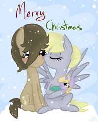 Size: 529x661 | Tagged: safe, artist:lilliesinthegarden, derpy hooves, dinky hooves, doctor whooves, time turner, pony, g4, baby, baby pony, blushing, christmas, cradling, cute, equestria's best mother, eyes closed, female, filly, foal, kissing, male, nurse turner, open mouth, ship:doctorderpy, shipping, sitting, smiling, snow, snowfall, straight, winter, younger