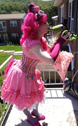 Size: 2027x3264 | Tagged: safe, artist:krausemouse, gummy, pinkie pie, human, g4, balcony, clothes, corset, cosplay, goggles, hat, irl, irl human, outdoors, photo, plushie, solo, steampunk, top hat, umbrella