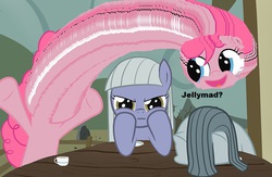 Size: 547x356 | Tagged: safe, limestone pie, marble pie, pinkie pie, g4, angry, are you frustrated?, faic, jelly, nope.avi, not salmon, pie sisters, troll, wat