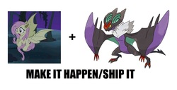 Size: 720x370 | Tagged: safe, fluttershy, bat pony, noivern, pony, bats!, g4, my little pony: friendship is magic, exploitable meme, flutterbat, make it happen, meme, pokémon, pokémon x and y, race swap, shipping, text