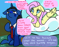 Size: 500x400 | Tagged: safe, artist:askswiftjustice, fluttershy, turnabout storm, g4, ace attorney, cloud, crossover, dialogue, necktie, phoenix wright, ponified, speech bubble