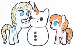 Size: 2059x1310 | Tagged: safe, artist:raspberryfanta, anna, commission, disney, elsa, filly, foal, frozen (movie), olaf, ponified, snowpony, song in the comments