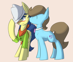 Size: 3223x2777 | Tagged: safe, artist:erthilo, beauty brass, fiddlesticks, g4, apple family member, blushing, female, fiddlebrass, hat, kissing, lesbian, shipping, simple background