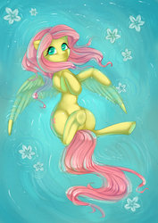 Size: 1984x2805 | Tagged: safe, artist:misukitty, fluttershy, pegasus, pony, g4, female, floating, flower, mare, on back, solo, water, wet mane
