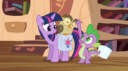 Size: 1050x590 | Tagged: safe, screencap, owlowiscious, spike, twilight sparkle, g4, just for sidekicks