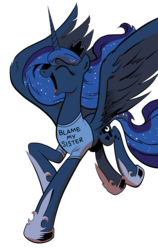 Size: 3165x5000 | Tagged: safe, artist:amorecadenza, artist:andypriceart, princess luna, alicorn, pony, g4, blame my sister, clothes, cute, eyes closed, female, happy, laughing, lunabetes, magic shirt, mare, open mouth, simple background, solo, transparent background, vector