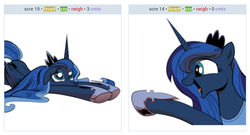 Size: 1109x601 | Tagged: safe, princess luna, derpibooru, g4, exploitable meme, juxtaposition, juxtaposition win, laughing, meme, meta, pouting