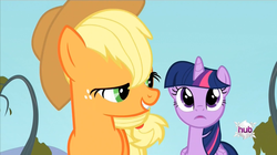 Size: 1680x942 | Tagged: safe, screencap, applejack, twilight sparkle, alicorn, pony, bats!, g4, my little pony: friendship is magic, female, lidded eyes, mare, out of context, rapeface, twilight sparkle (alicorn)