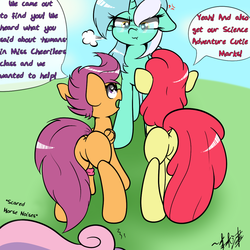 Size: 1000x1000 | Tagged: safe, artist:lightningnickel, apple bloom, lyra heartstrings, scootaloo, sweetie belle, earth pony, pegasus, pony, unicorn, g4, :t, angry, ask, butt, cutie mark crusaders, descriptive noise, dock, featureless crotch, female, filly, floppy ears, glare, glasses, horse noises, looking up, mare, meme, nose wrinkle, open mouth, plot, plot pair, professor lyra, scared, scrunchy face, shivering, snorting, speech bubble, tumblr, wide eyes