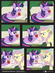 Size: 780x1020 | Tagged: safe, artist:dm29, fluttershy, twilight sparkle, bat pony, pony, bats!, g4, apple, bad pony, bench, book, comic, derp, duo, eating, fangs, flutterbat, hissing, pure unfiltered evil, race swap, reading, swatting, text, twilight sparkle (alicorn), twilight sparkle is not amused, unamused