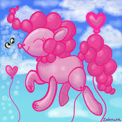 Size: 720x720 | Tagged: dead source, safe, artist:zahruna, derpy hooves, pinkie pie, balloon pony, pegasus, pony, g4, balloon, balloonie pie, bubble, female, heart balloon, inflatable, mare, solo, transformation