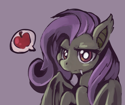 Size: 1032x863 | Tagged: safe, artist:ende26, fluttershy, bat pony, pony, bats!, g4, apple, fangs, female, flutterbat, race swap, solo, speech bubble