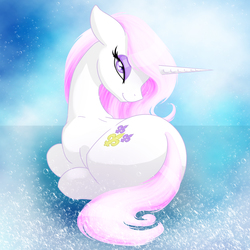 Size: 2000x2000 | Tagged: safe, artist:kelisah, fleur-de-lis, pony, g4, ears back, eyeshadow, female, lidded eyes, looking at you, looking back, looking back at you, lying down, makeup, ponyloaf, prone, rear view