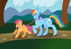 Size: 3171x2191 | Tagged: safe, artist:jopale-opal, rainbow dash, scootaloo, pegasus, pony, g4, blushing, collar, creepy, female, filly, leash, mare, mouth hold, pet play, pet-dash, scootobsession