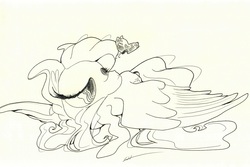 Size: 1229x820 | Tagged: safe, artist:getchanoodlewet, fluttershy, butterfly, g4, female, monochrome, solo, traditional art